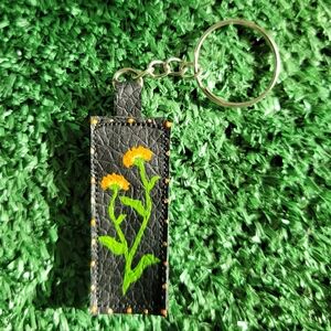 Handmade Painted Earthmoon Crafts Faux Leather Marigold Keychain
